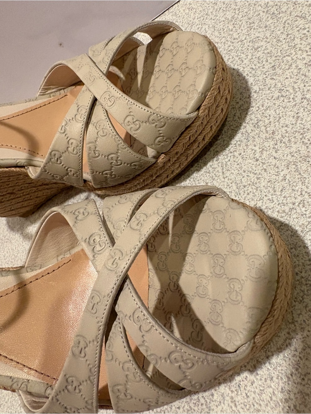 Gucci Beige GG Monogram Espadrille Wedge Sandals Penelope 41.5/11.5 New - Picture 2 of 16
